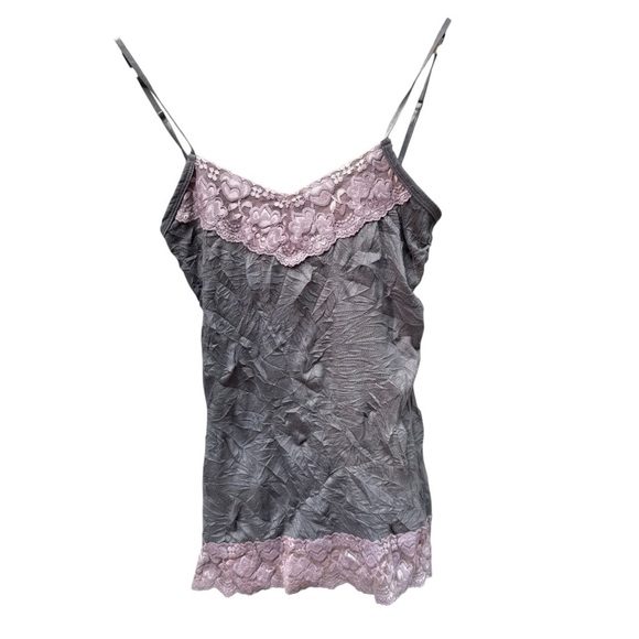Vtg Lace Crinkle Womens Cami S Y2K 90s Camisole Layering 2000s Fairy Gray & Pink - Picture 3 of 10